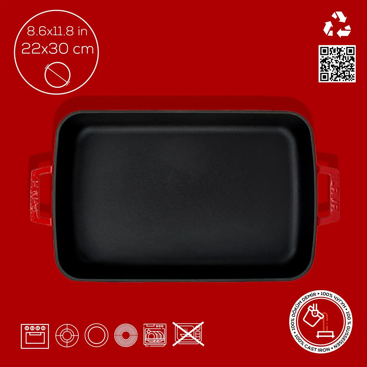 Lava Cast Iron Rectangle Roaster Dual Handle, 22X30cm. RED - Image 4