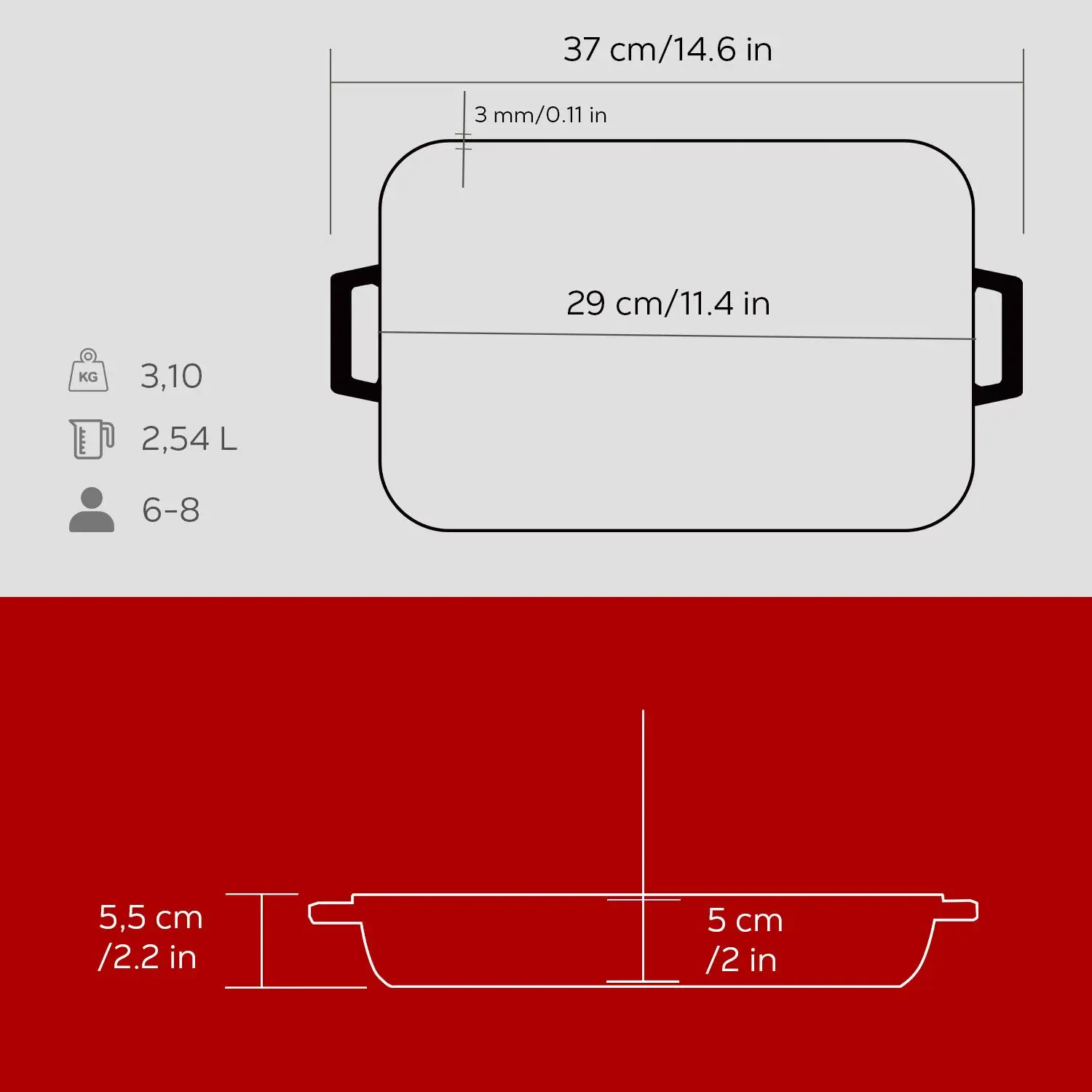 Lava Cast Iron Rectangle Roaster Dual Handle, 22X30cm. RED - Image 5