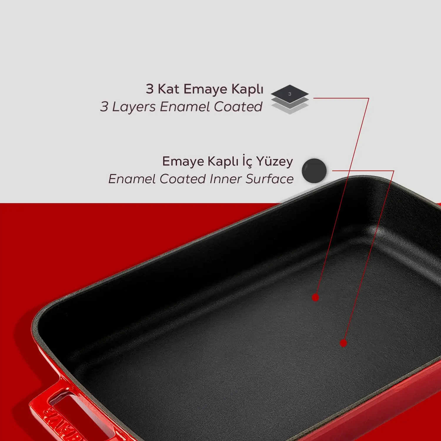 Lava Cast Iron Rectangle Roaster Dual Handle, 22X30cm. RED - Image 6