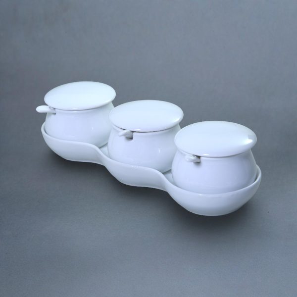 Porcelain sauce pot set with tray – 3 jars with lids and spoons