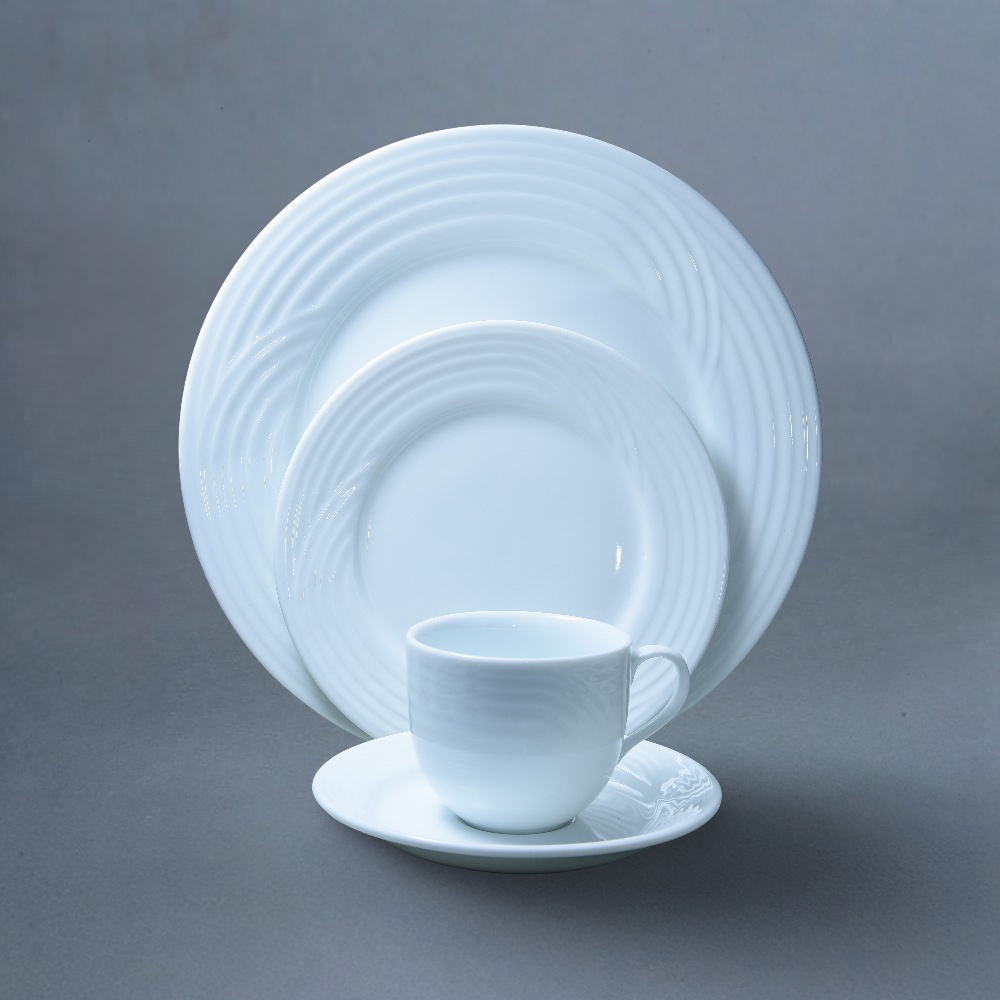 Serenity porcelain plates with embossed pattern and double rolled edge